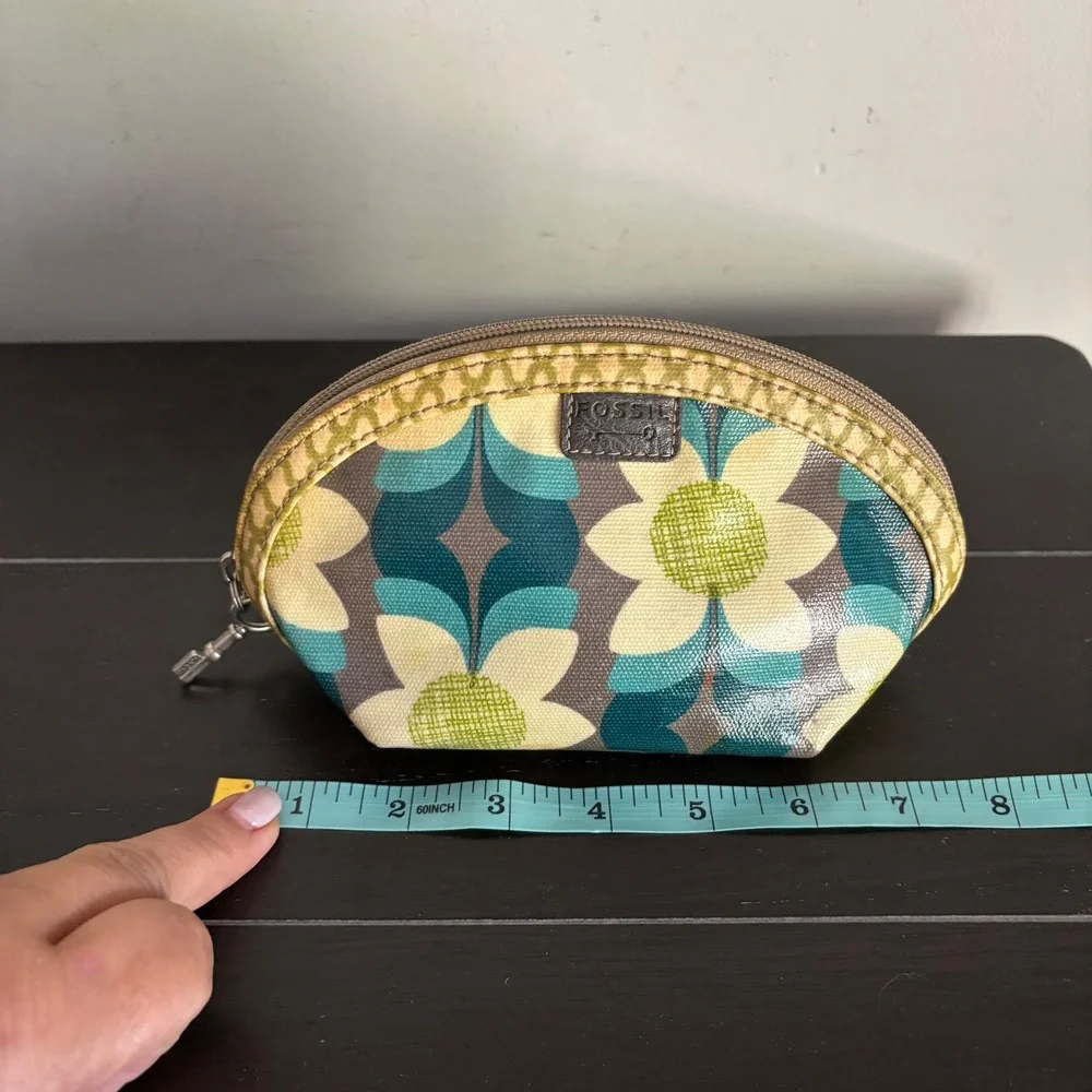 Fossil Key-Per | Retro Floral Coated Canvas Cosmetic Makeup Bag | Teal Green